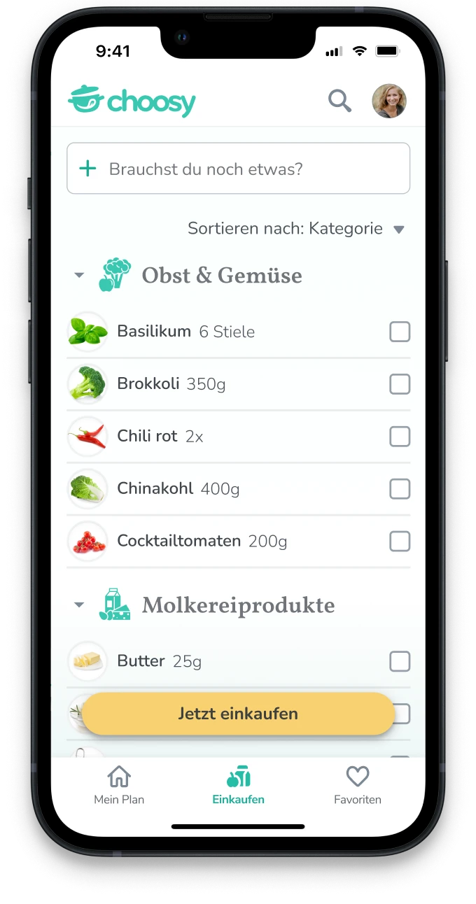 Automatisch erzeugte Einkaufsliste in der Choosy App